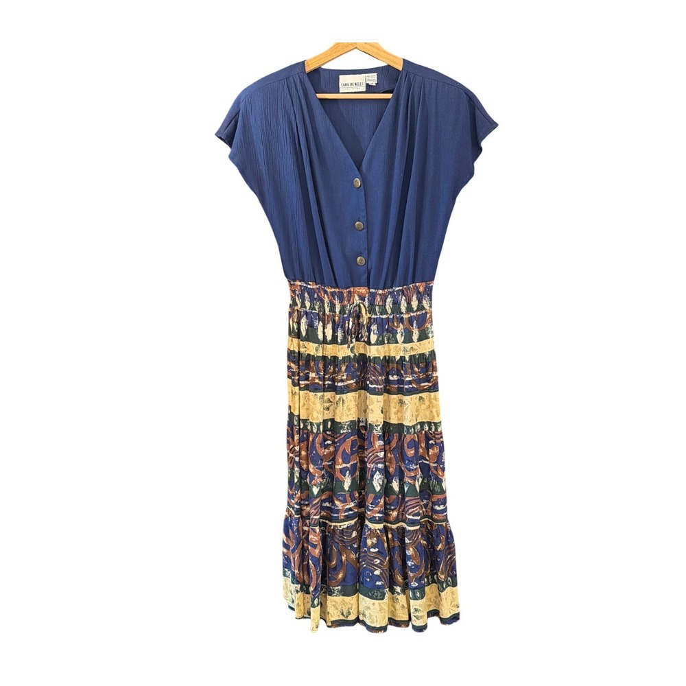 Vintage 90's Caroline Wells Midi Dress Boho Cottagecore Eclectic Retro Peasant